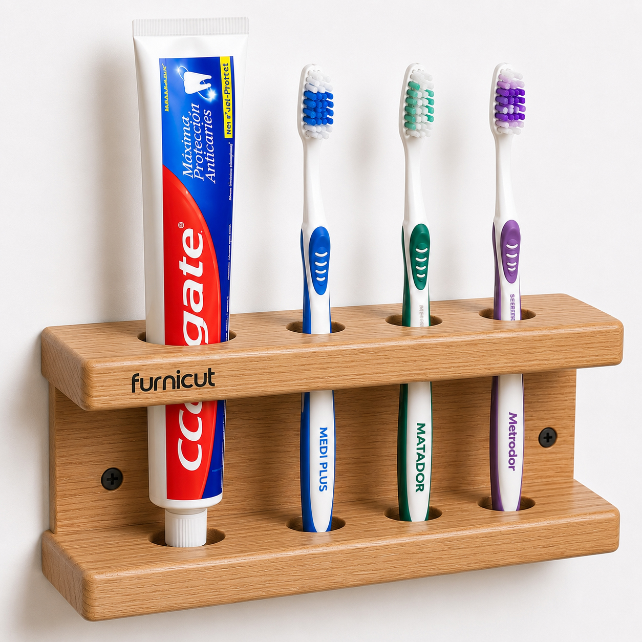 Furnicut Wall-Mounted Oak Wood Toothbrush & Toothpaste